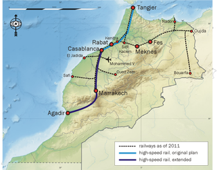 A map of the current train lines in Morocco.